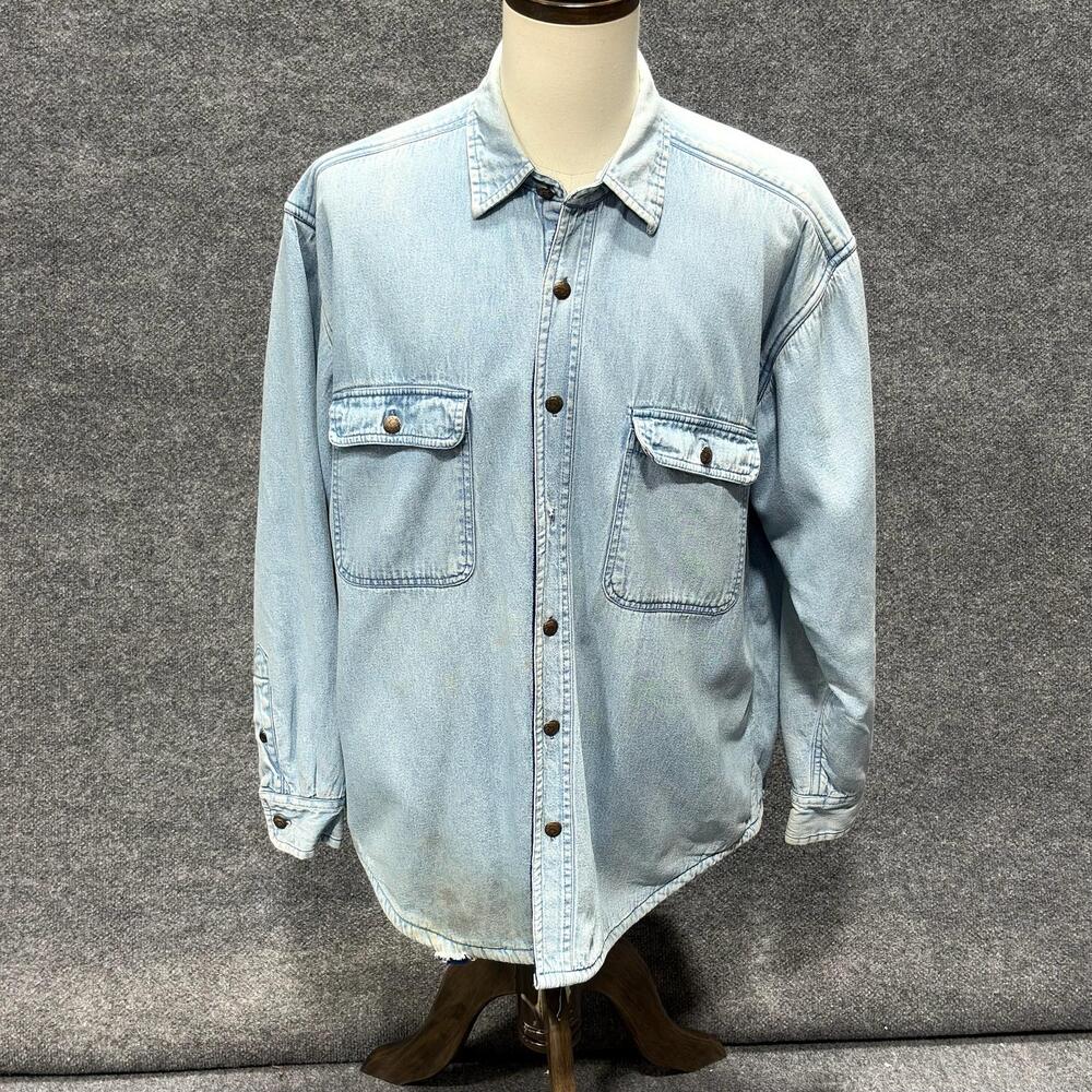 Vintage Orvis Jacket Mens Large Blue Denim Fleece Lined Snap Front Shacket